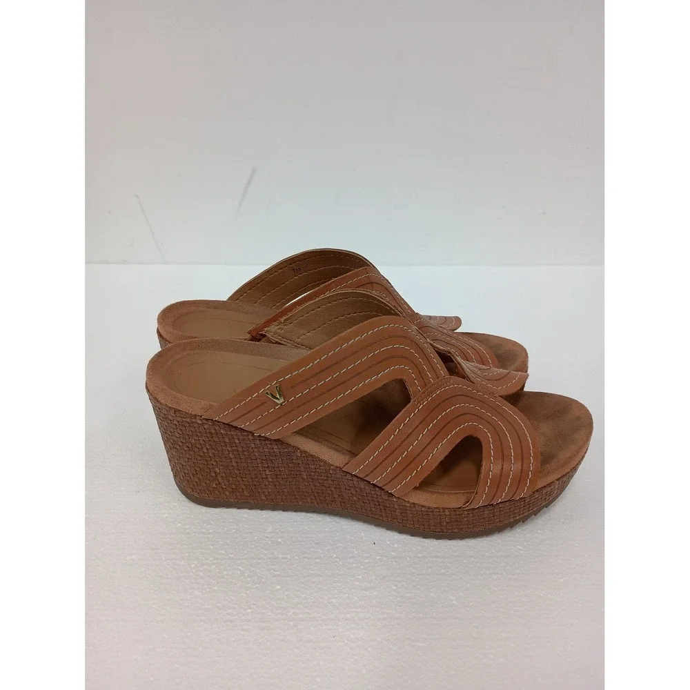 Vionic Wedge Sandals Womens 7M Brown Leather Orthotic Comfort Strappy Shoes
